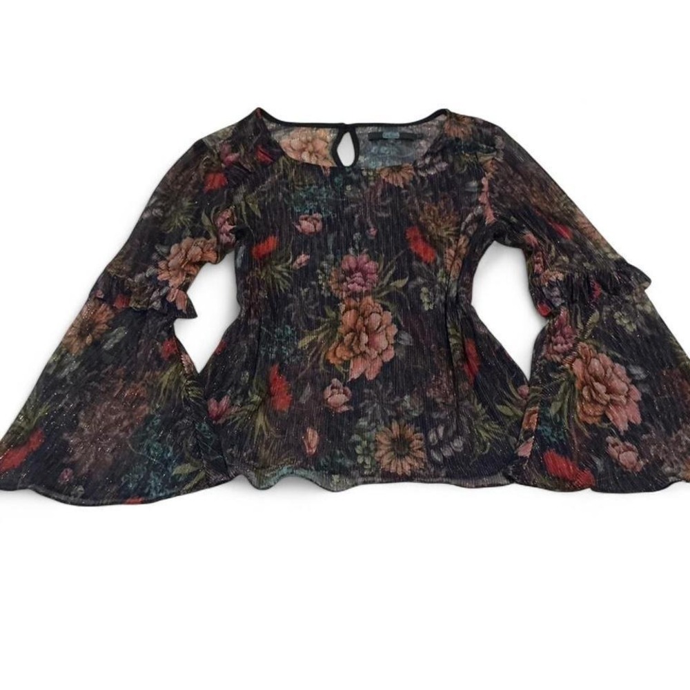 Eva‎ Franco Floral Metallic Bell Sleeve Keyhole Blouse Women's M